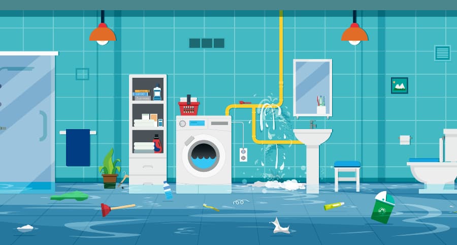 Illustration of bathroom flooding because of a leaky pipe